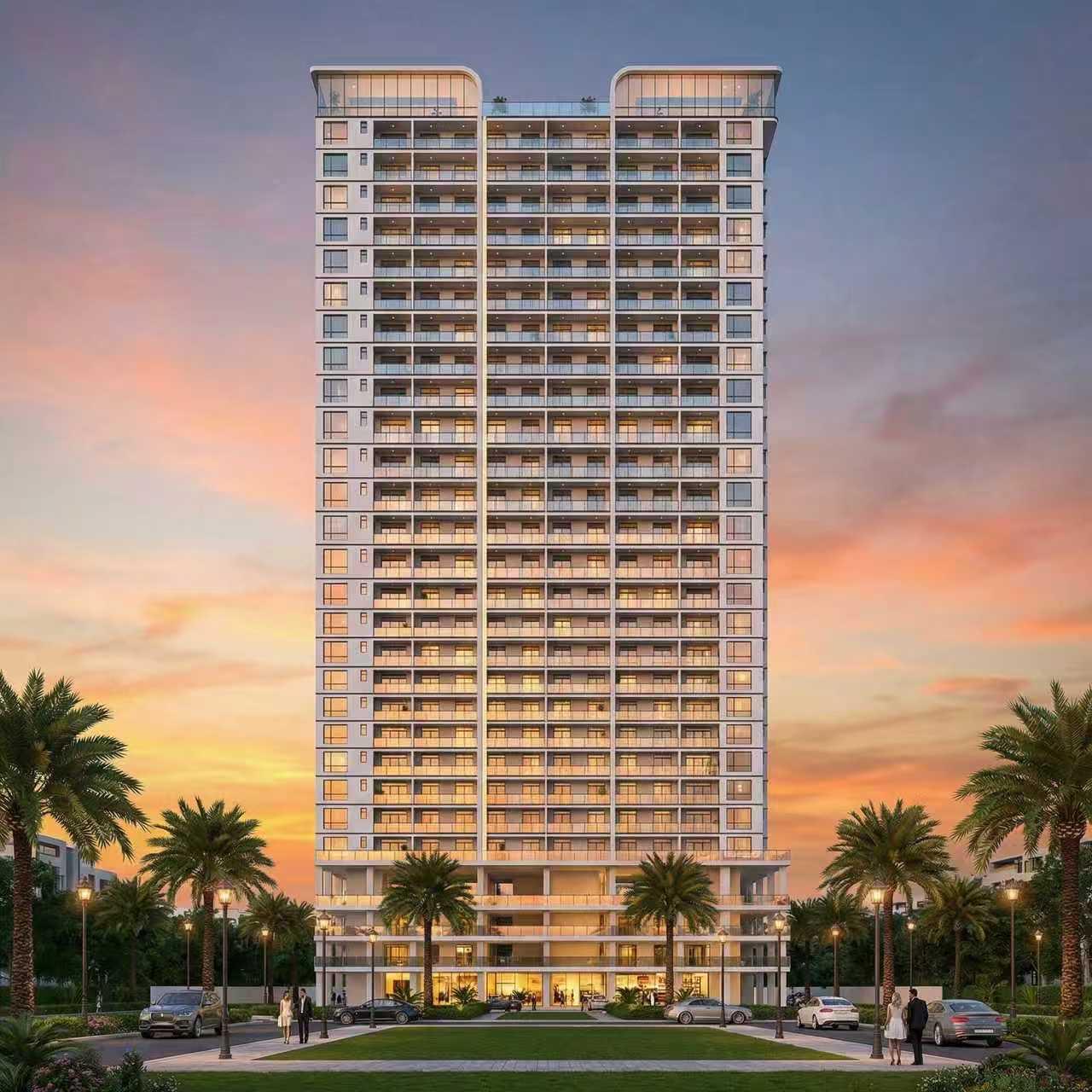 Exterior rendering of Cambridge Garden Apartments in Kilimani, showing a high-rise tower, balconies and palm-lined landscaping.