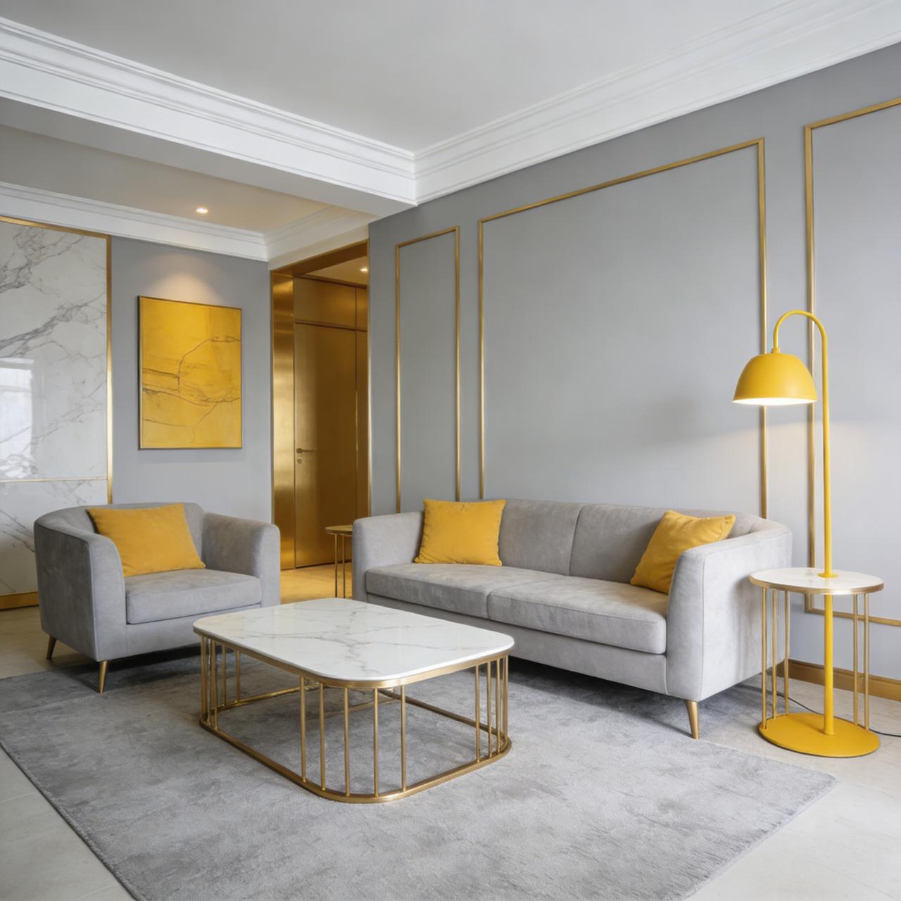 Living room at Cambridge Garden Apartments, Kilimani, with grey seating, yellow cushions and gold-toned wall trim.
