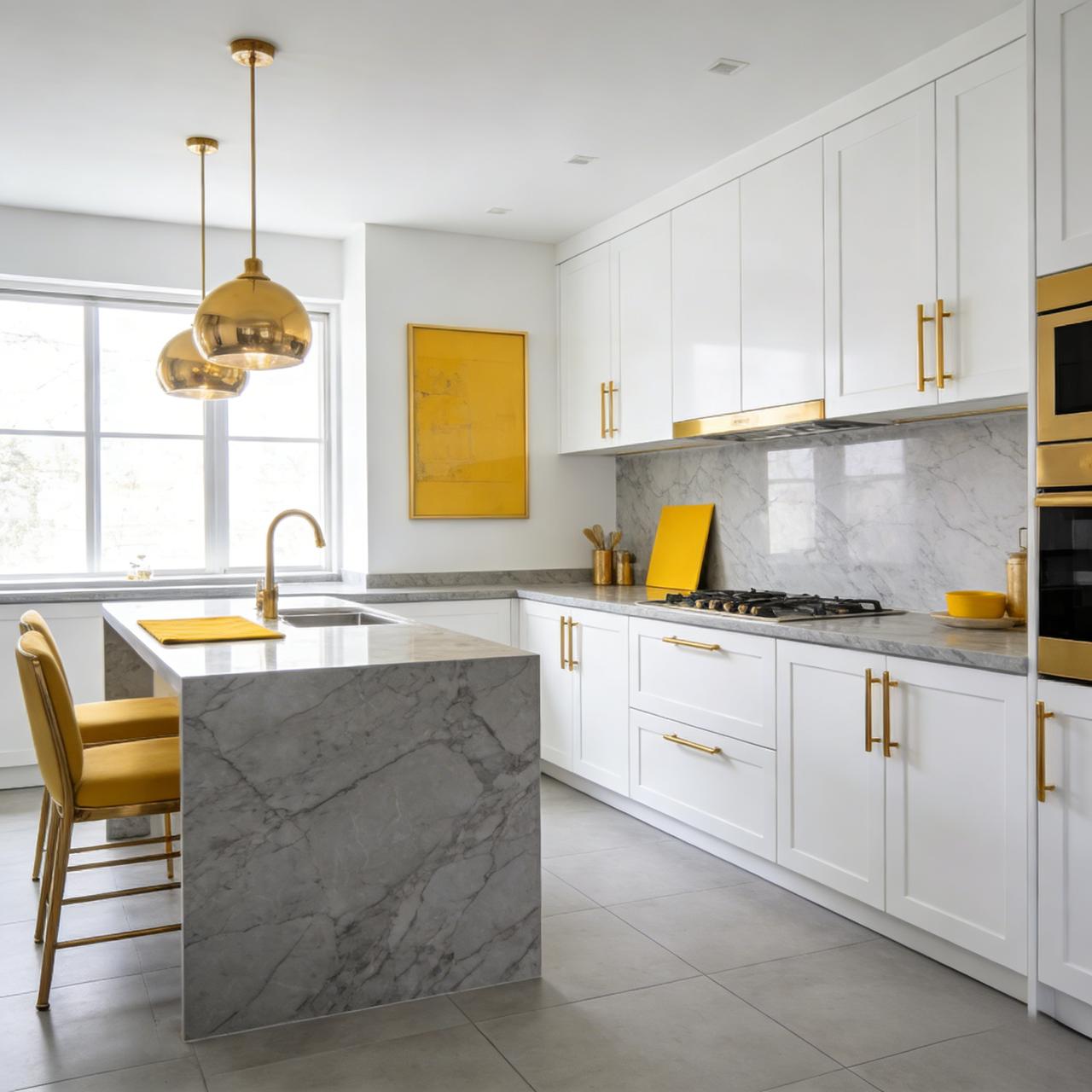 Cambridge Garden kitchen in Kilimani with white cabinets, gold-toned pendant lights and yellow bar stools.
