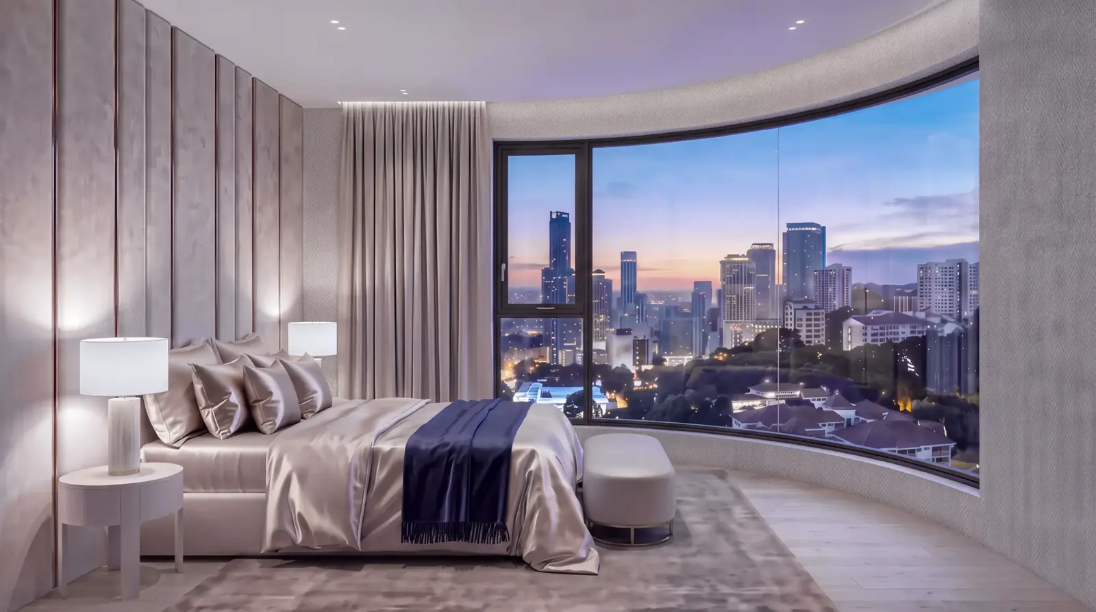 Bedroom rendering at Capital Aura Apartments with bedside lamps and curved windows overlooking the city skyline.