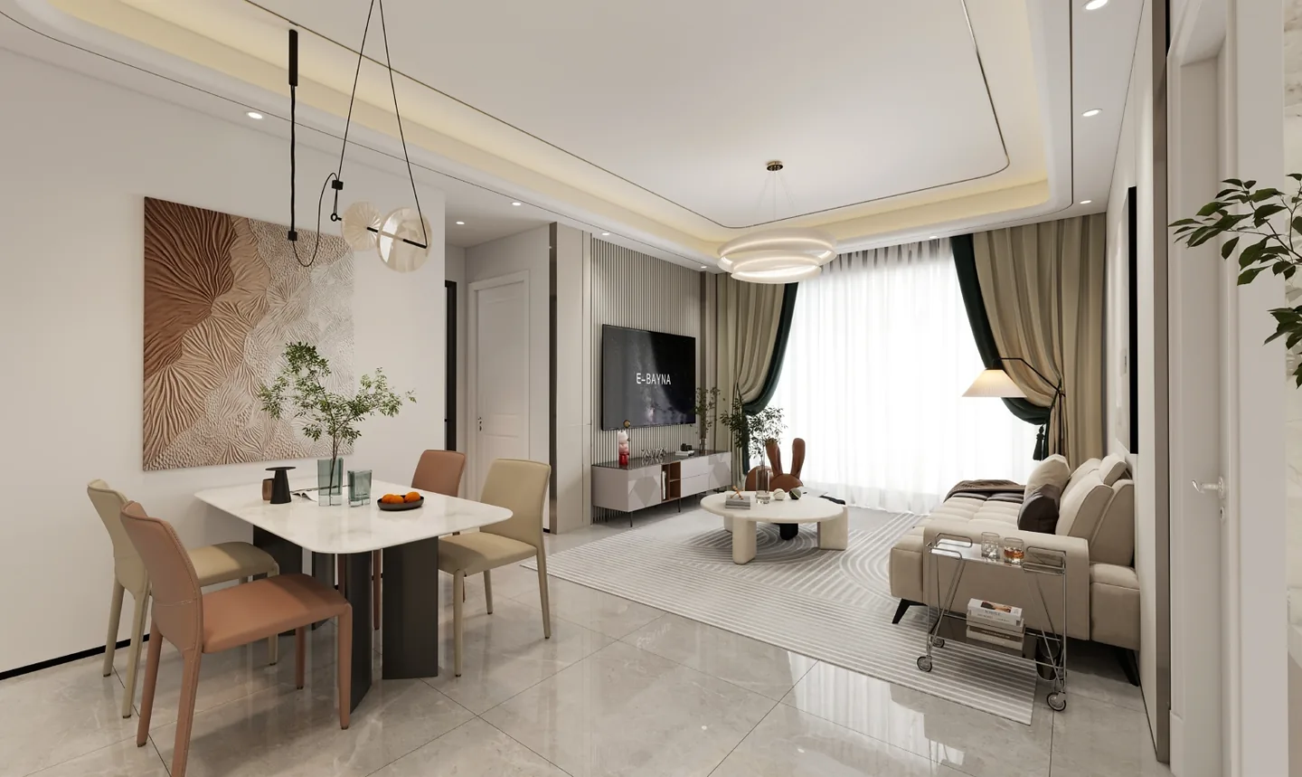 Open-plan living and dining area at Capital Aura Apartments, with a beige sofa and four-seat dining table.