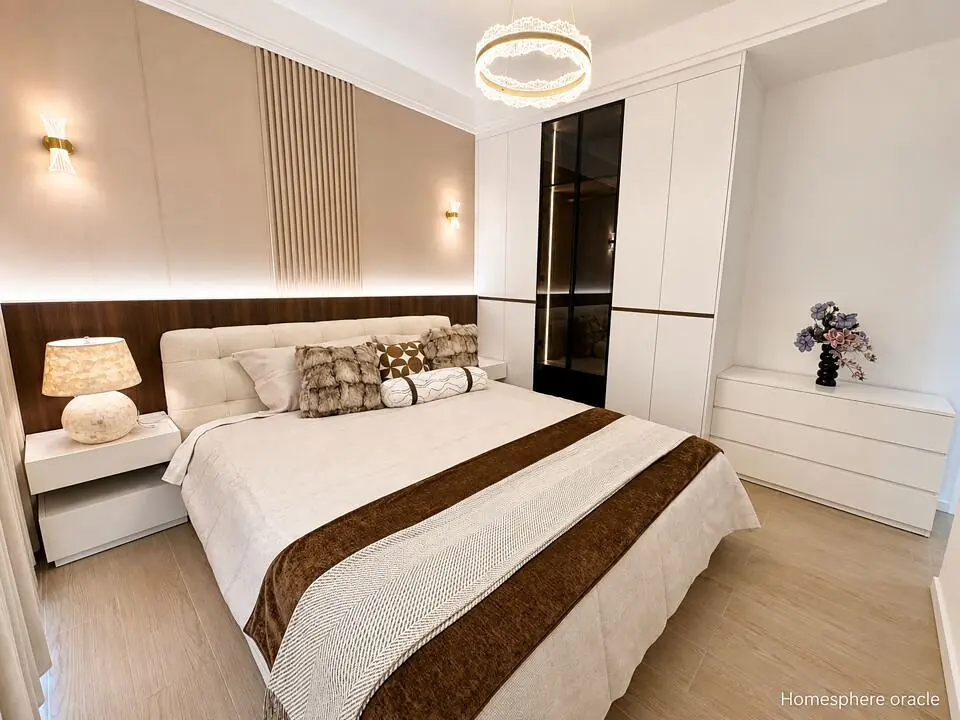 Bedroom at Capital Heights, Spring Valley, with an upholstered bed, fitted wardrobe, white dresser and circular pendant light.
