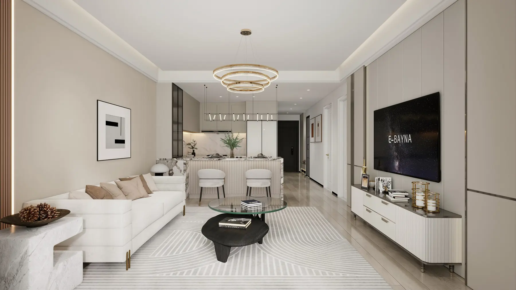 Living area rendering at Capital Heights, Westlands, with a white sofa, circular pendant light and open kitchen.