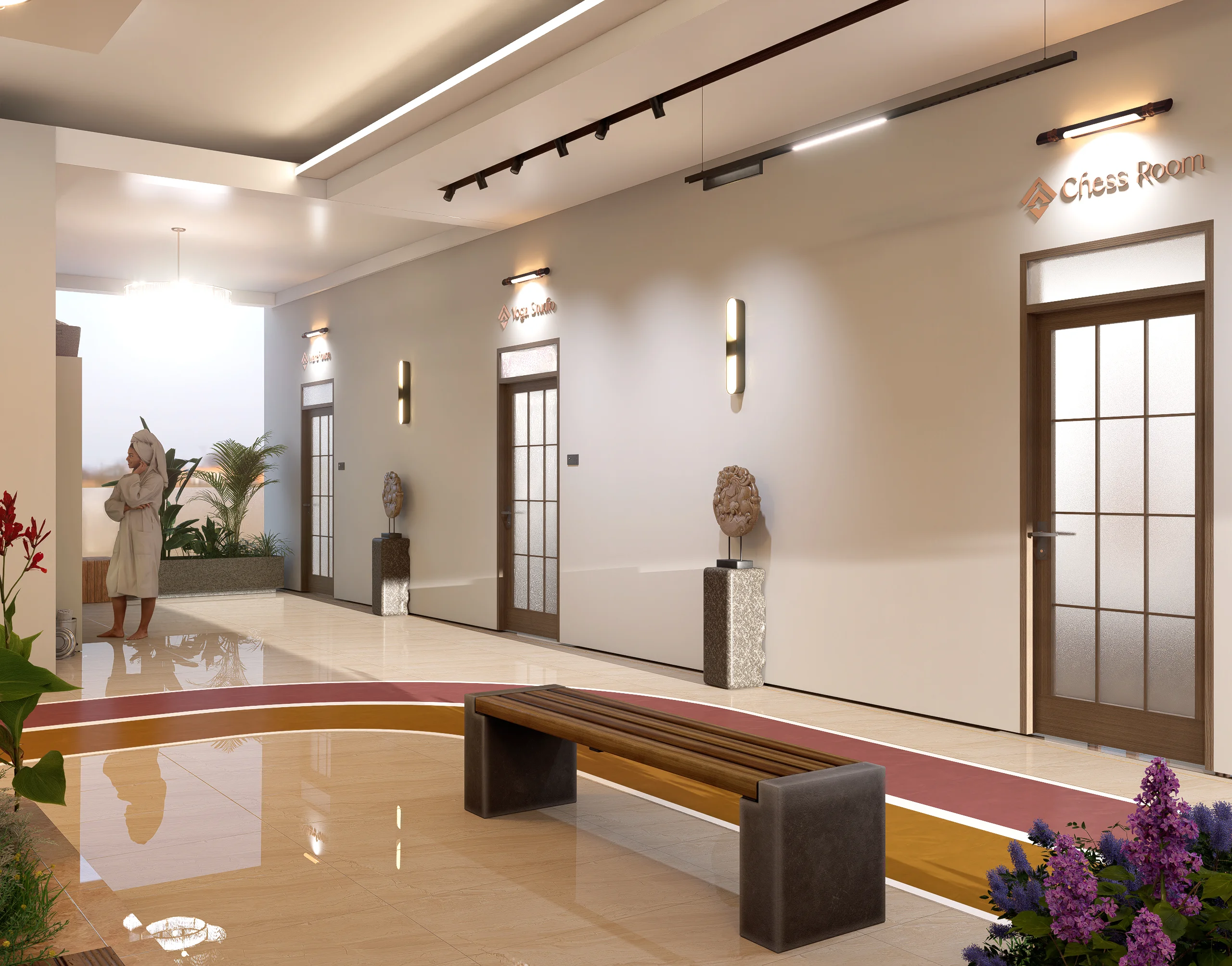 Capital Vista Kilimani corridor rendering with a bench and doors labelled Yoga Studio and Chess Room.