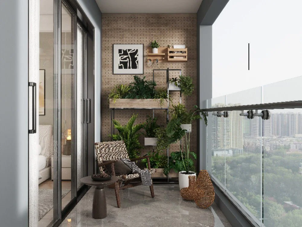 Capital Vista Kilimani balcony rendering with a chair, side table, potted plants and glass railing.