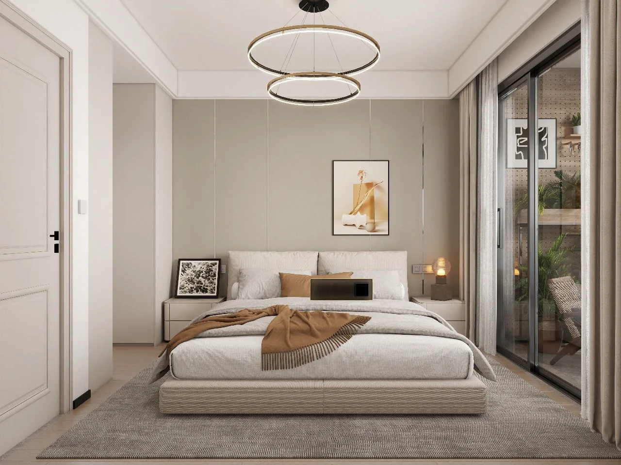 Bedroom rendering at Capital Vista, Kilimani, with an upholstered bed, circular pendant lights and sliding glass doors.