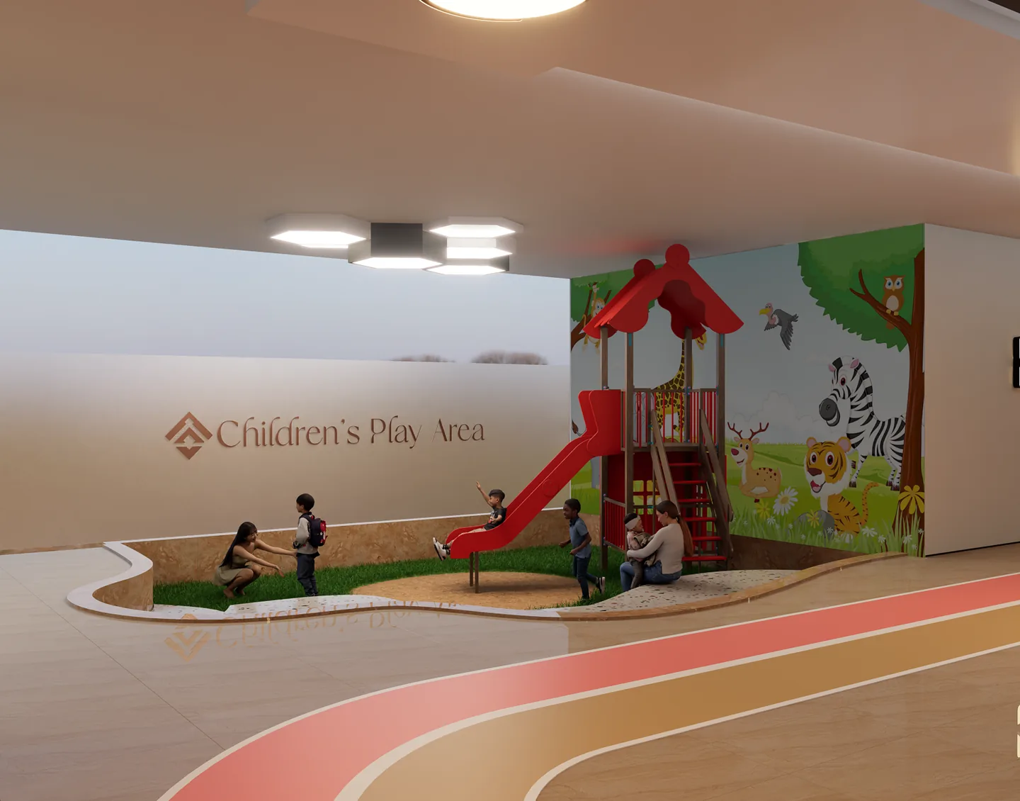 Rendered children's play area at Capital Vista, Kilimani, with a red slide and colourful animal wall mural.
