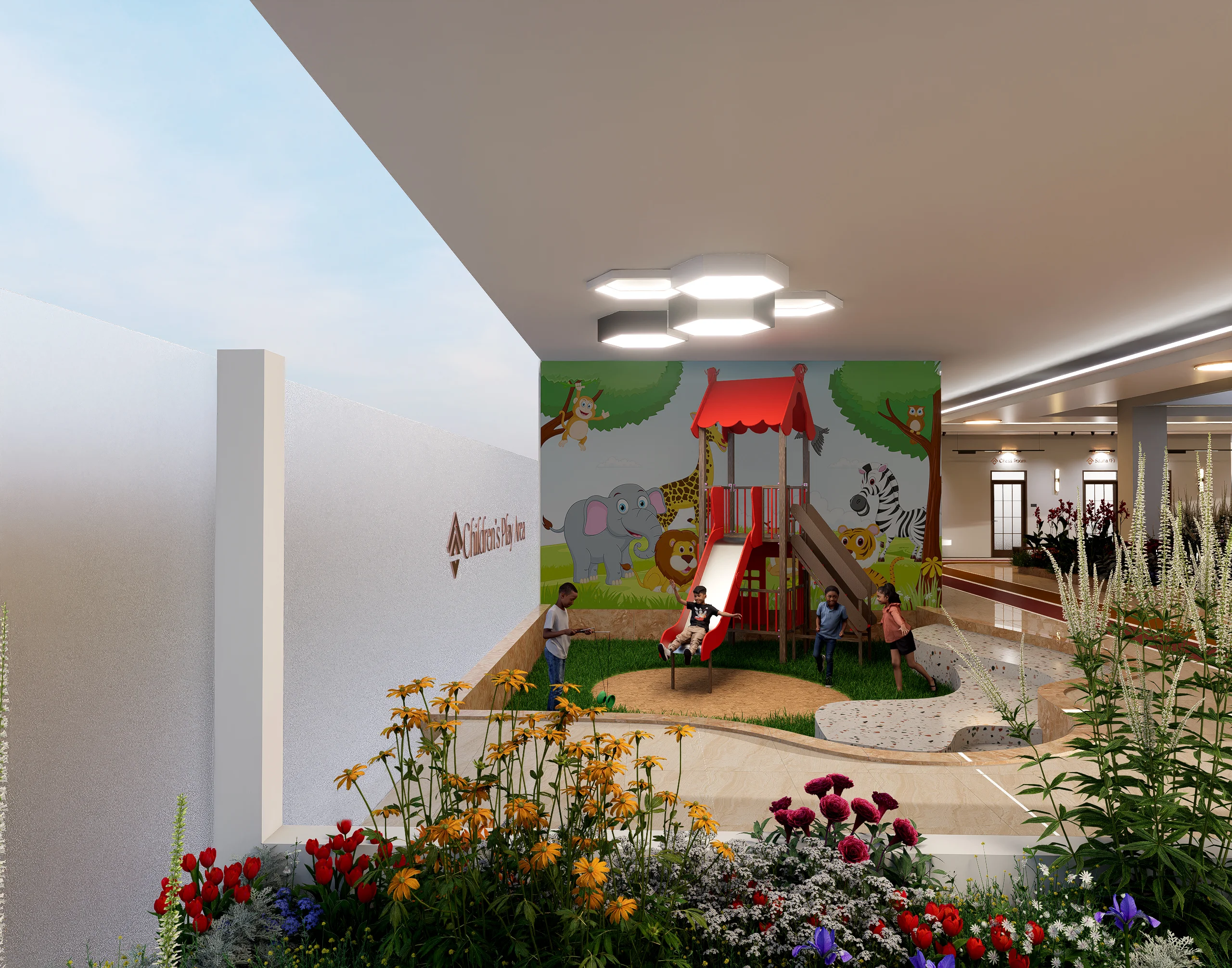Rendered children's play area at Capital Vista, Kilimani, with a red slide, animal mural and flower beds.