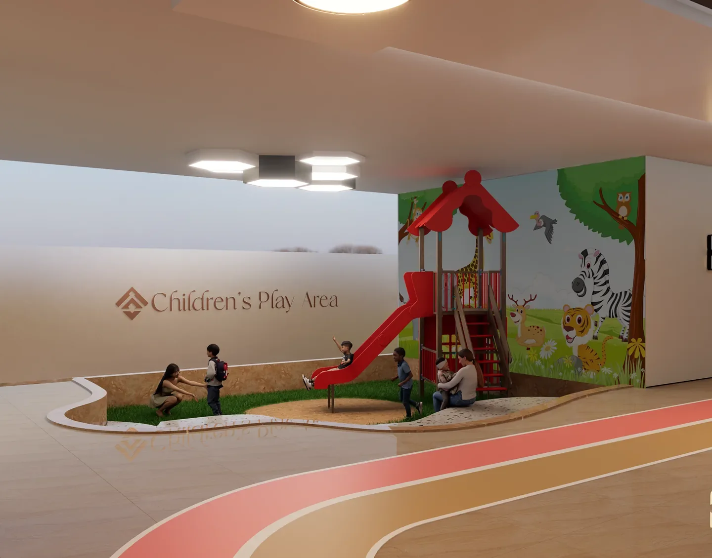 Children’s play area rendering at Capital Vista Kilimani, with a red slide and animal mural.