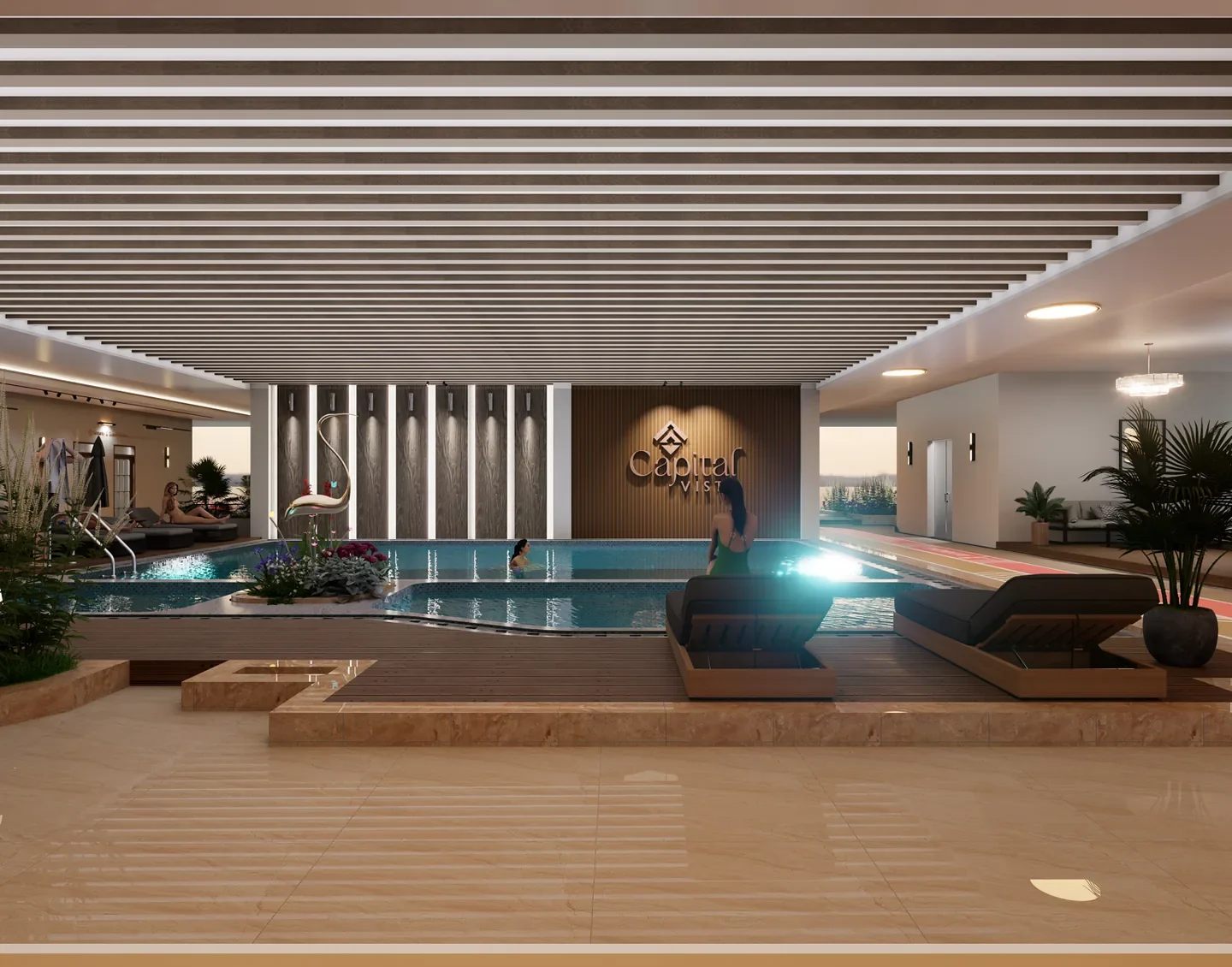 Rendering of the covered swimming pool with loungers and potted palms at Capital Vista, Kilimani.