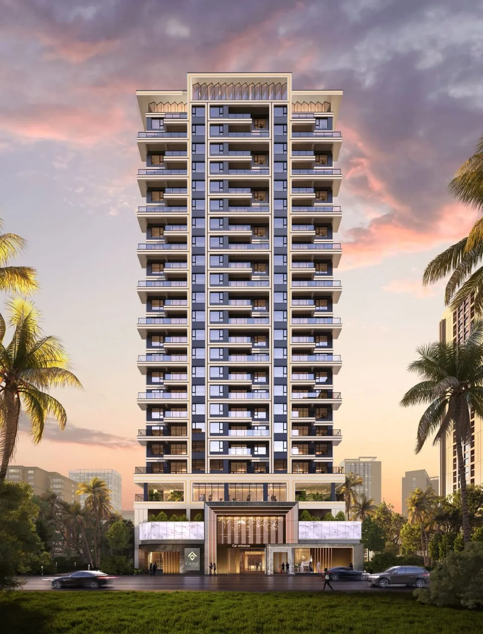 Exterior rendering of Capital Vista in Kilimani, showing a high-rise tower with balconies and palm trees.