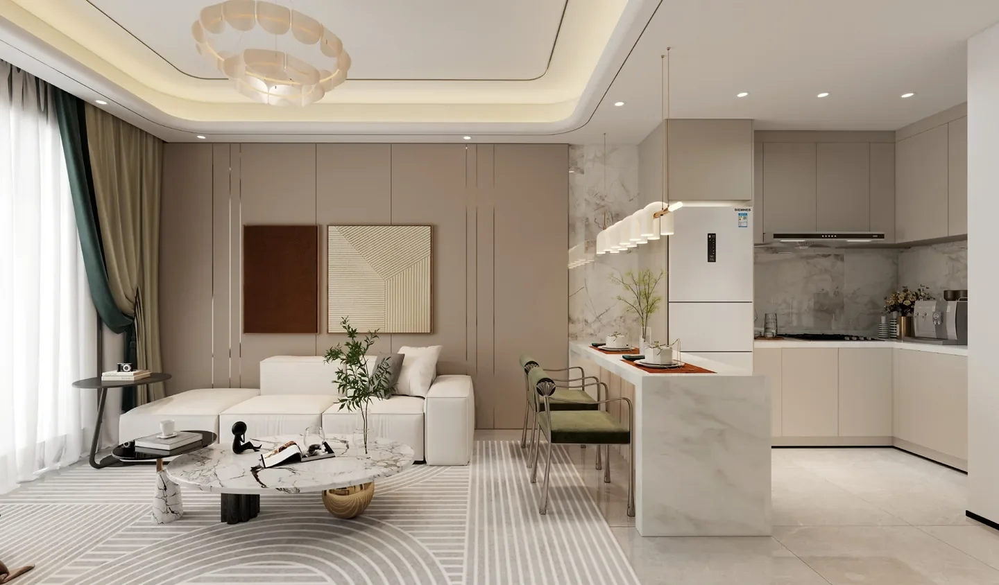 Capital Vista Kilimani living area rendering with a white sofa, open kitchen and breakfast bar.