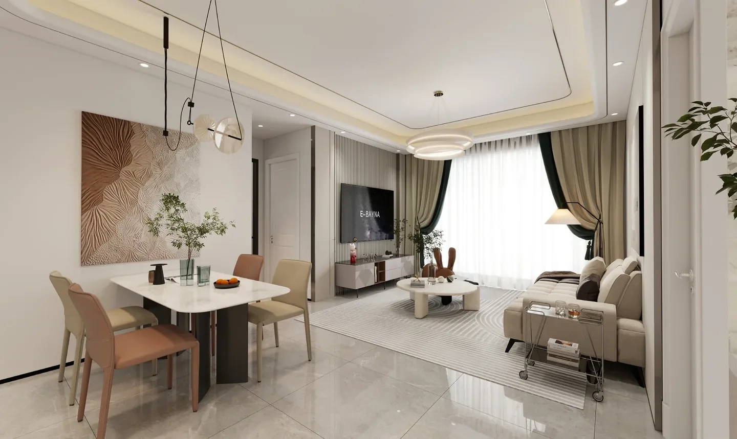 Living and dining area rendering at Capital Vista, Kilimani, with a sofa, dining table and pendant lights.