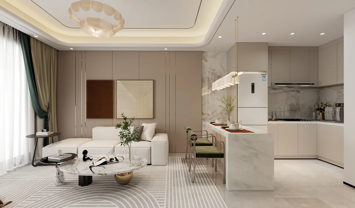 Open-plan living room and kitchen rendering at Capital Vista, Kilimani, with a white sofa and breakfast counter.