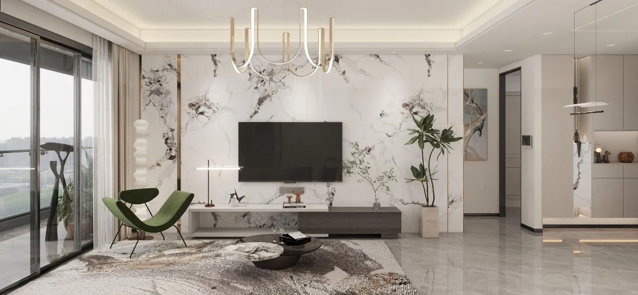 Capital Vista Kilimani living room rendering with a green accent chair, wall-mounted television and sliding balcony doors.