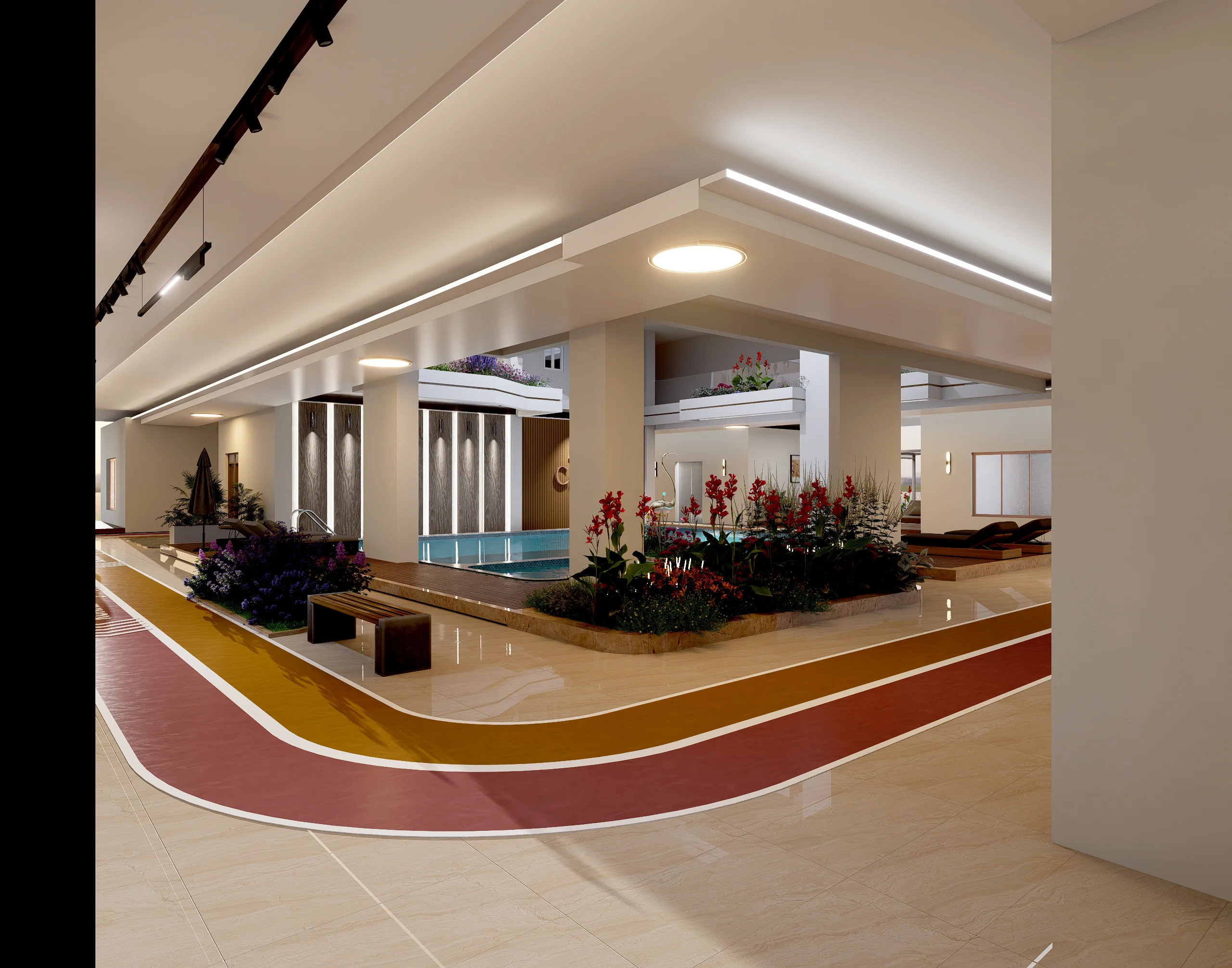 Rendering of a covered pool, jogging track and flower beds at Capital Vista Kilimani.