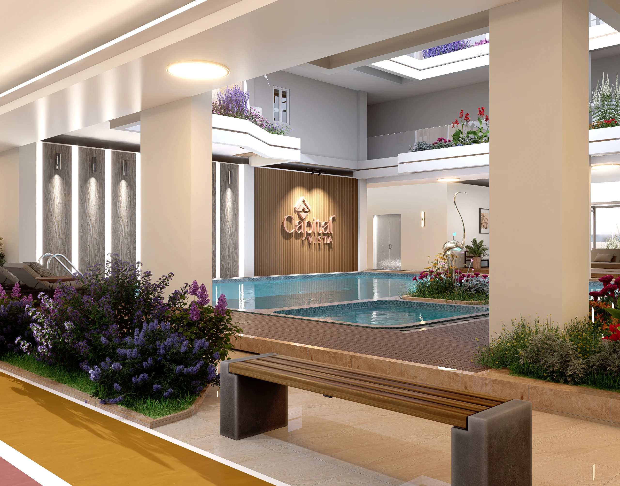 Swimming pool rendering at Capital Vista, Kilimani, with poolside loungers, flowering planters and a bench.