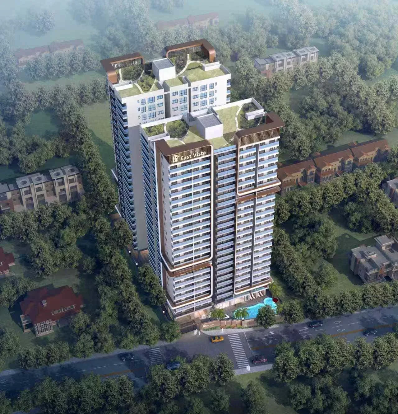 Aerial rendering of East Vista Residence in Parklands, with landscaped rooftops, balconies and a swimming pool.