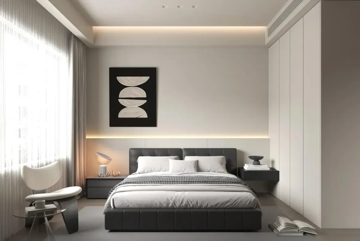 Bedroom rendering at East Vista Residence, Parklands, with an upholstered bed, fitted wardrobes and sheer curtains.