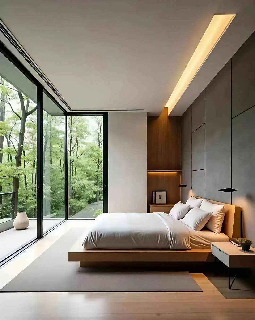 Bedroom at Elimi Meadow Villas, Rongai, with a platform bed, floor-to-ceiling windows and trees outside.