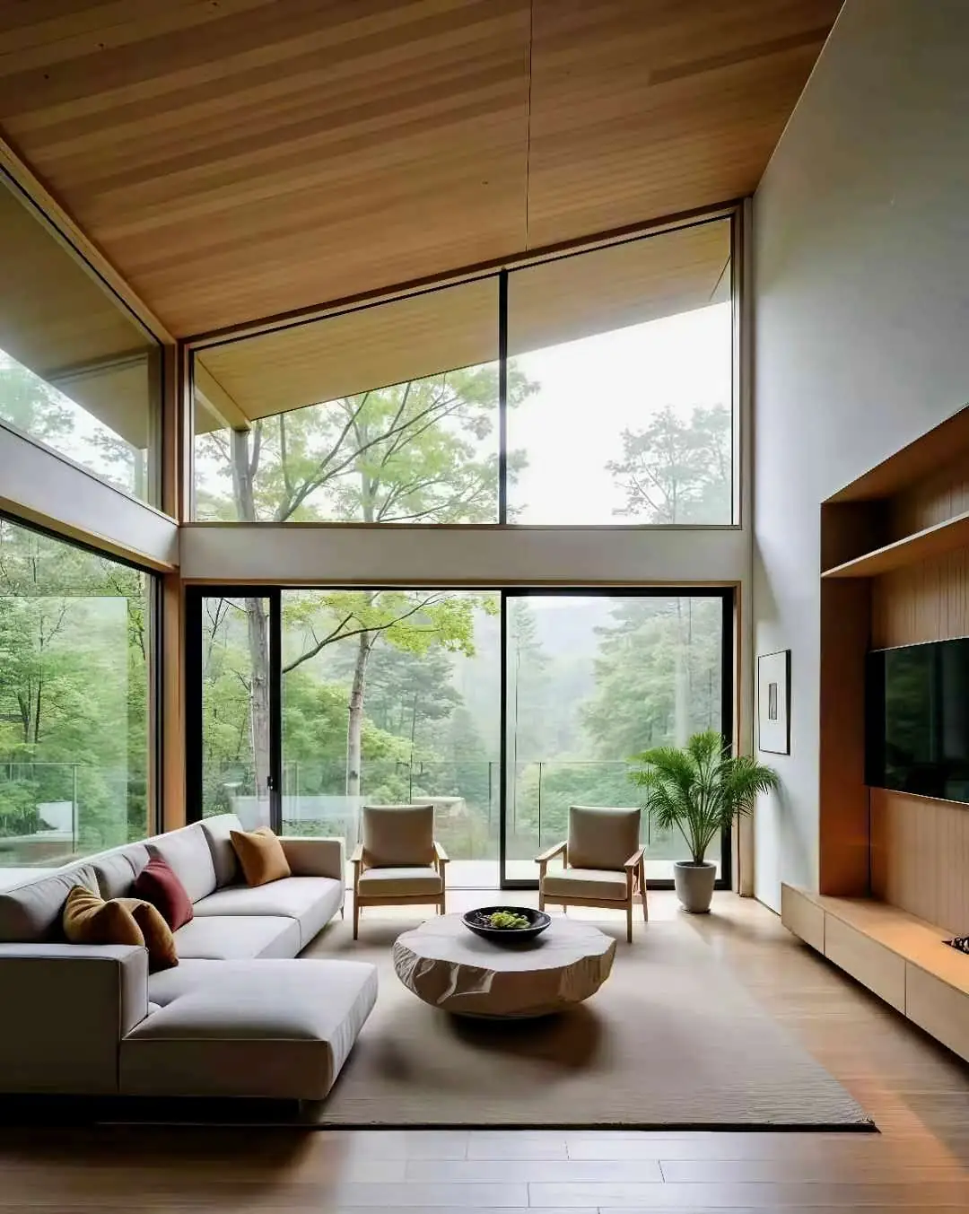 Living room at Elimi Meadow Villas, Rongai, with large windows, a sectional sofa and wood-panelled ceiling.