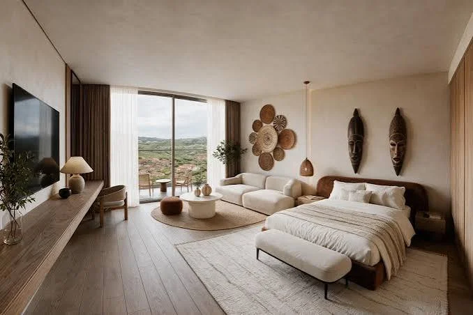 Enzo Residences interior in Riverside with a bed, sofa, wall-mounted television and large balcony doors.