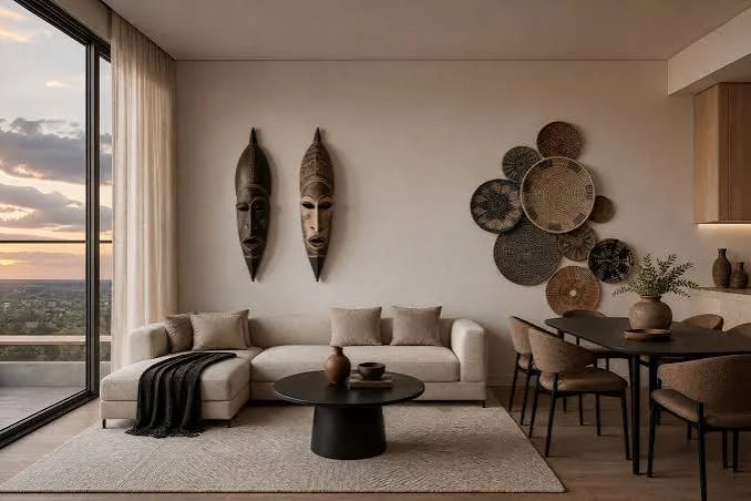 Living and dining area at Enzo Residences, Riverside, with a sectional sofa, round coffee table and wall masks.