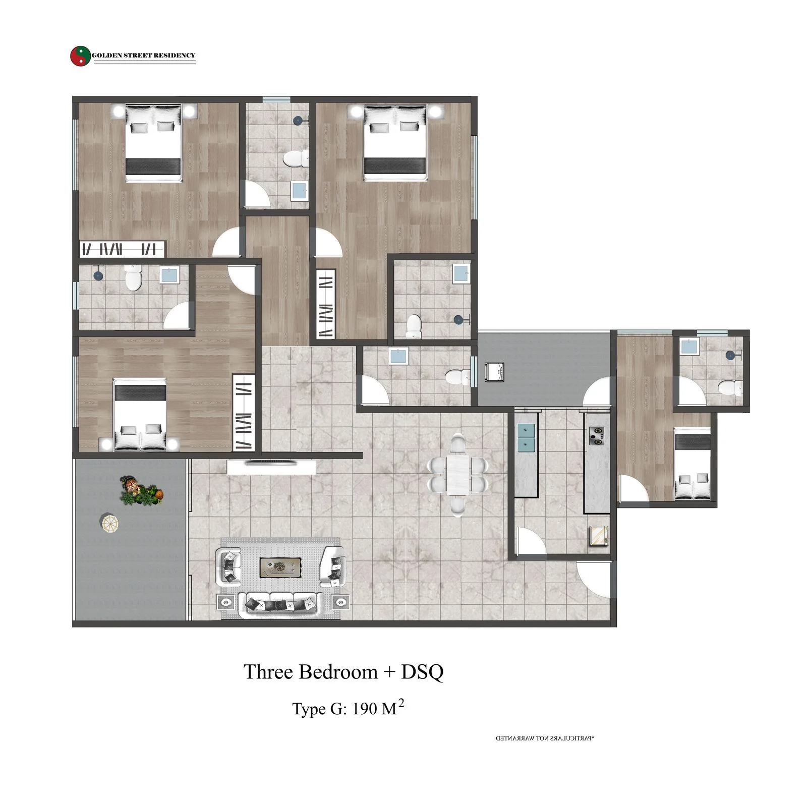 Three-bedroom floor plan with staff quarters, kitchen and living area at Golden Street Residency, Kileleshwa.