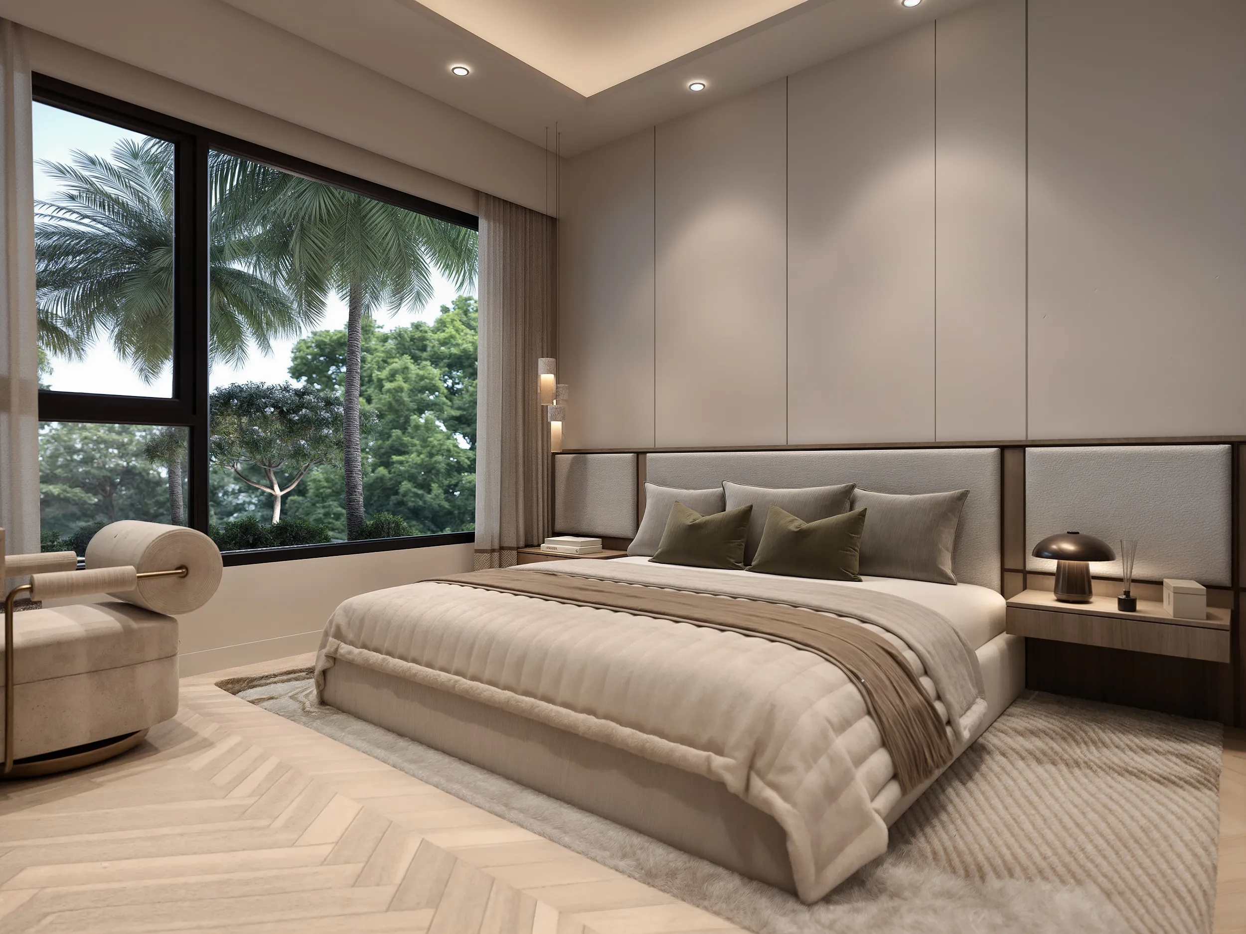 Bedroom rendering for Hephe Palace Westlands with an upholstered bed and large window overlooking palm trees.