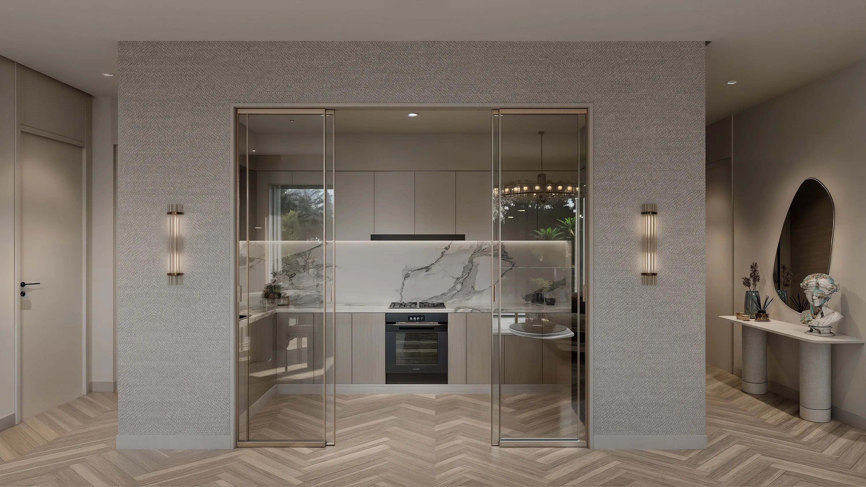 Kitchen rendering at Hephe Palace Westlands, with glass doors, a built-in oven and a veined backsplash.