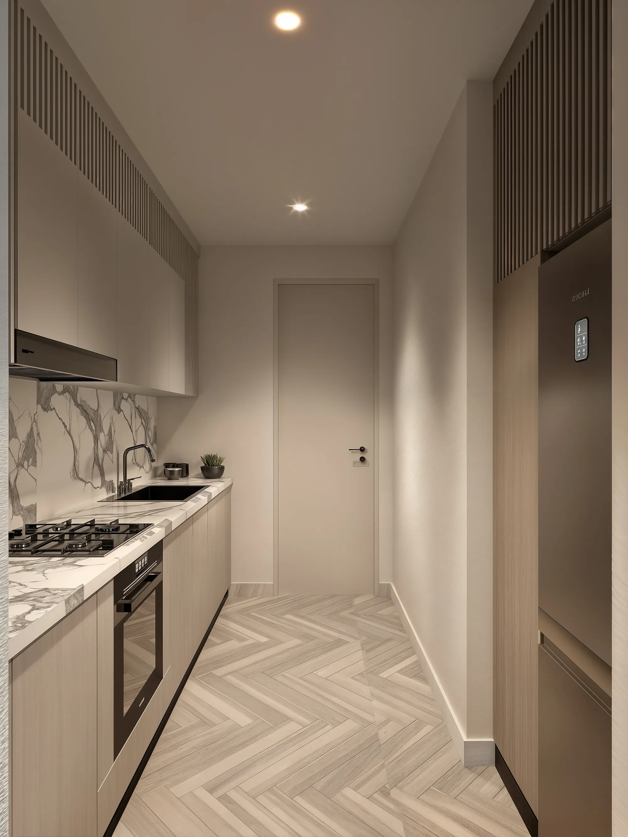 Kitchen rendering at Hephe Palace Westlands with pale cabinetry, gas hob, built-in oven and herringbone-patterned flooring.