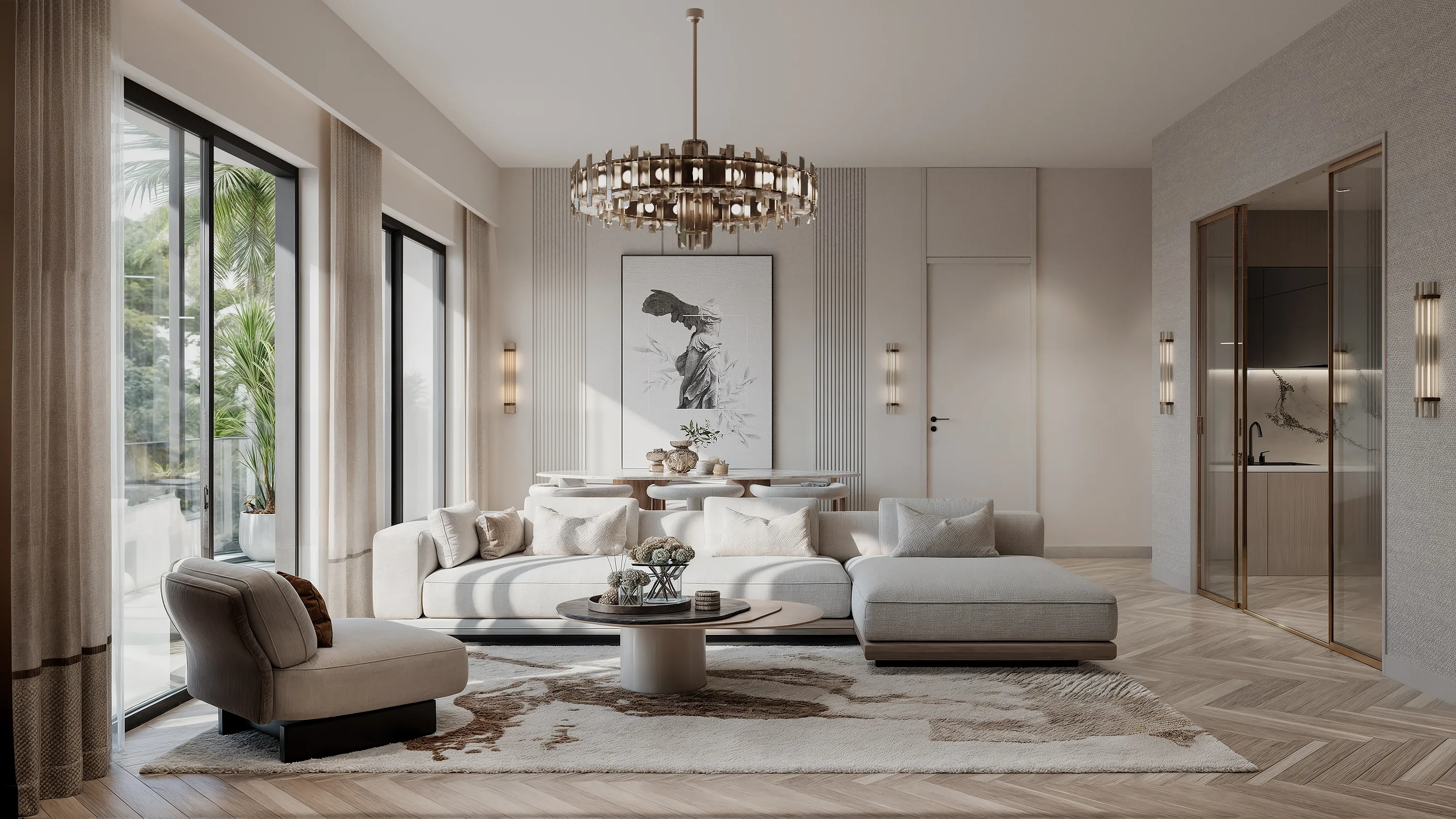 Living and dining room rendering at Hephe Palace Westlands, with a sectional sofa, chandelier and large windows.