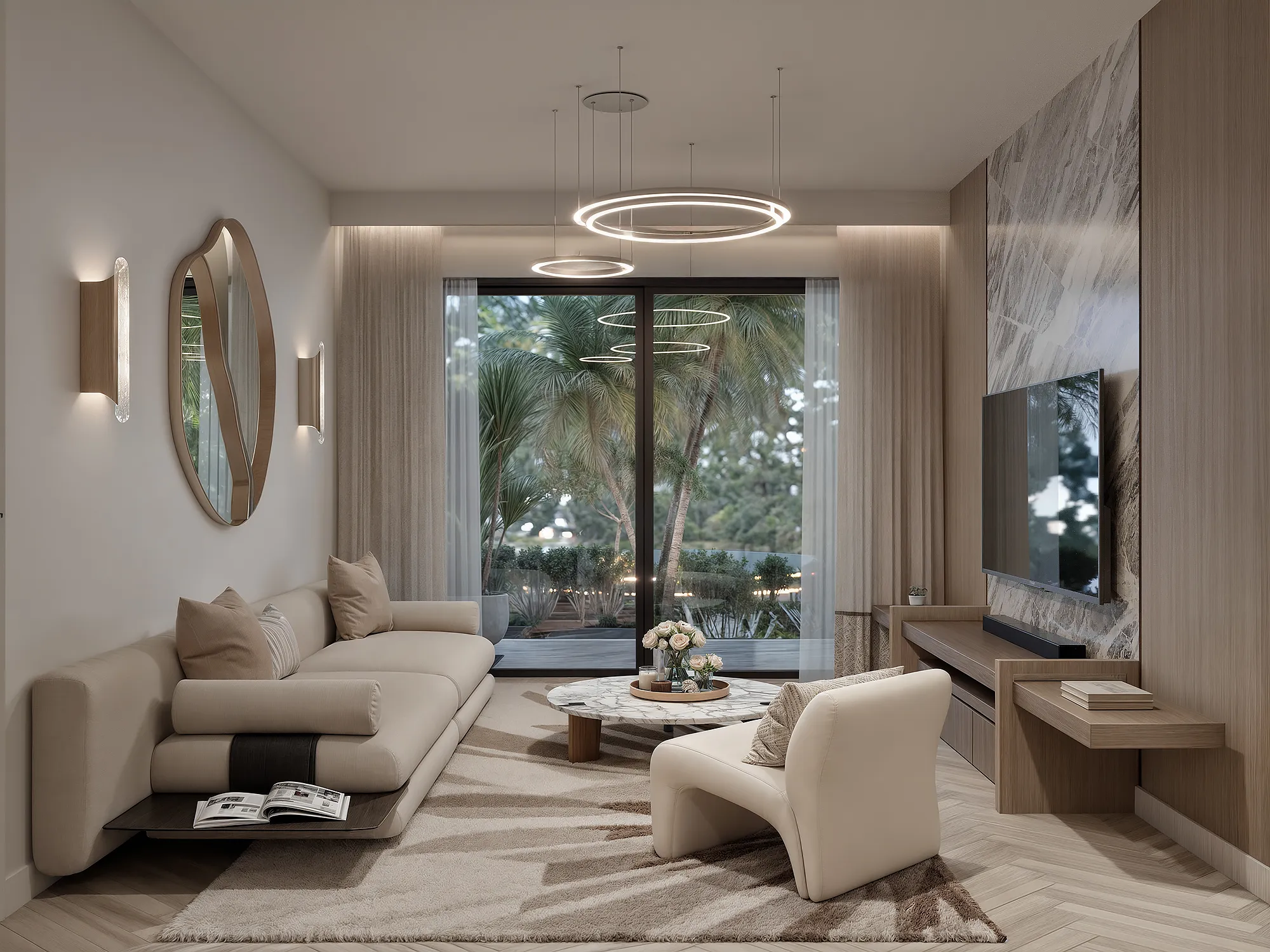 Hephe Palace Westlands living room rendering with beige seating, circular pendant lights and sliding glass doors.