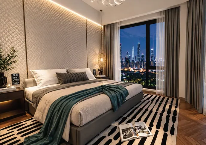 Bedroom at Himalaya Halo, Westlands, with a teal bed throw, patterned rug and large curtained windows.