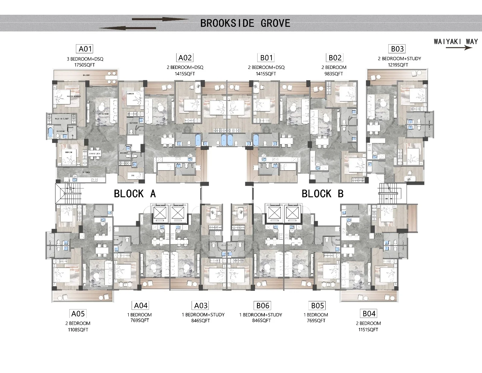 Himalaya Halo Westlands floor plan showing apartment layouts, balconies, stairs and lifts in Blocks A and B.