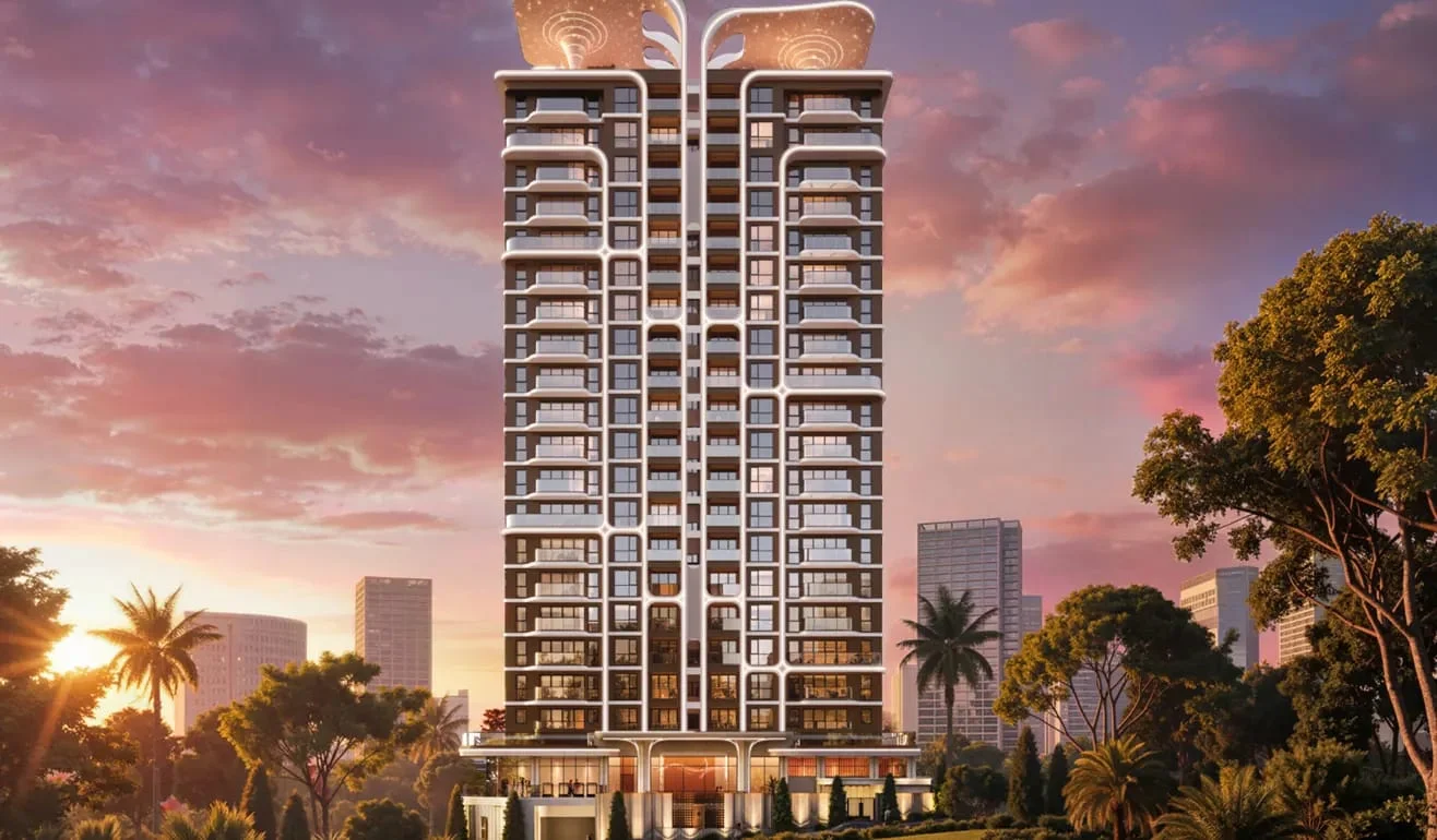 Himalaya Halo Westlands exterior rendering with stacked balconies, curved facade lighting and surrounding trees at sunset.