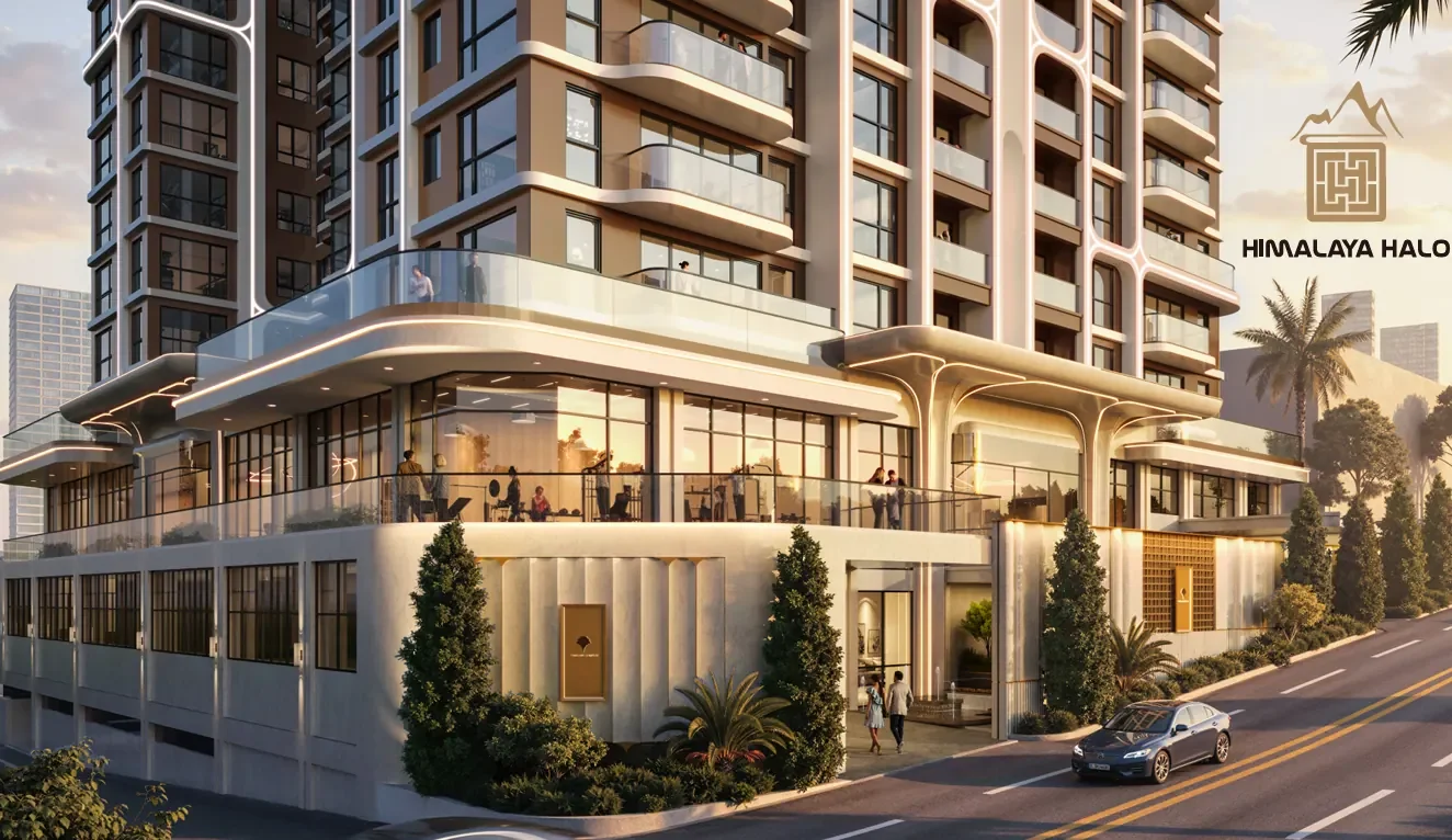 Exterior rendering of Himalaya Halo in Westlands, showing curved balconies, glass-fronted terraces and a landscaped street entrance.