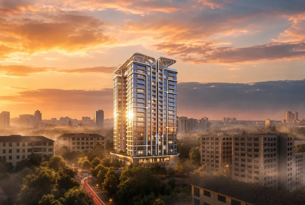 Exterior rendering of Himalaya Halo in Westlands, with balconies, curved rooftop canopies and surrounding buildings at sunset.