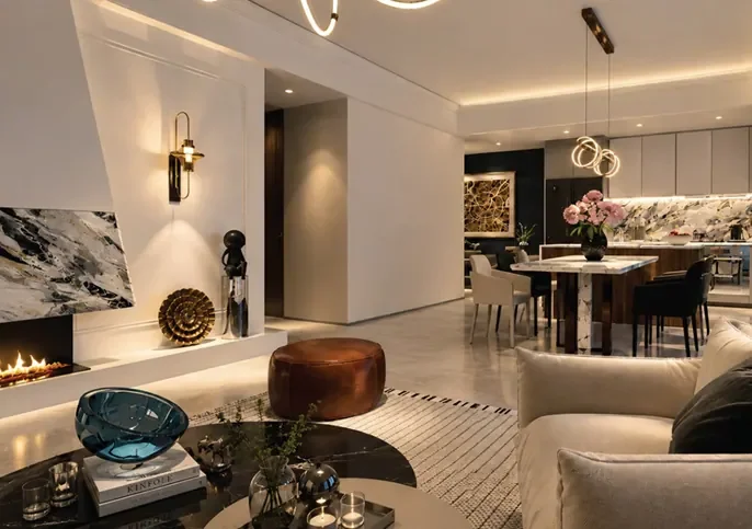 Rendered living and dining area at Himalaya Halo, Westlands, with a fireplace and pendant lighting.