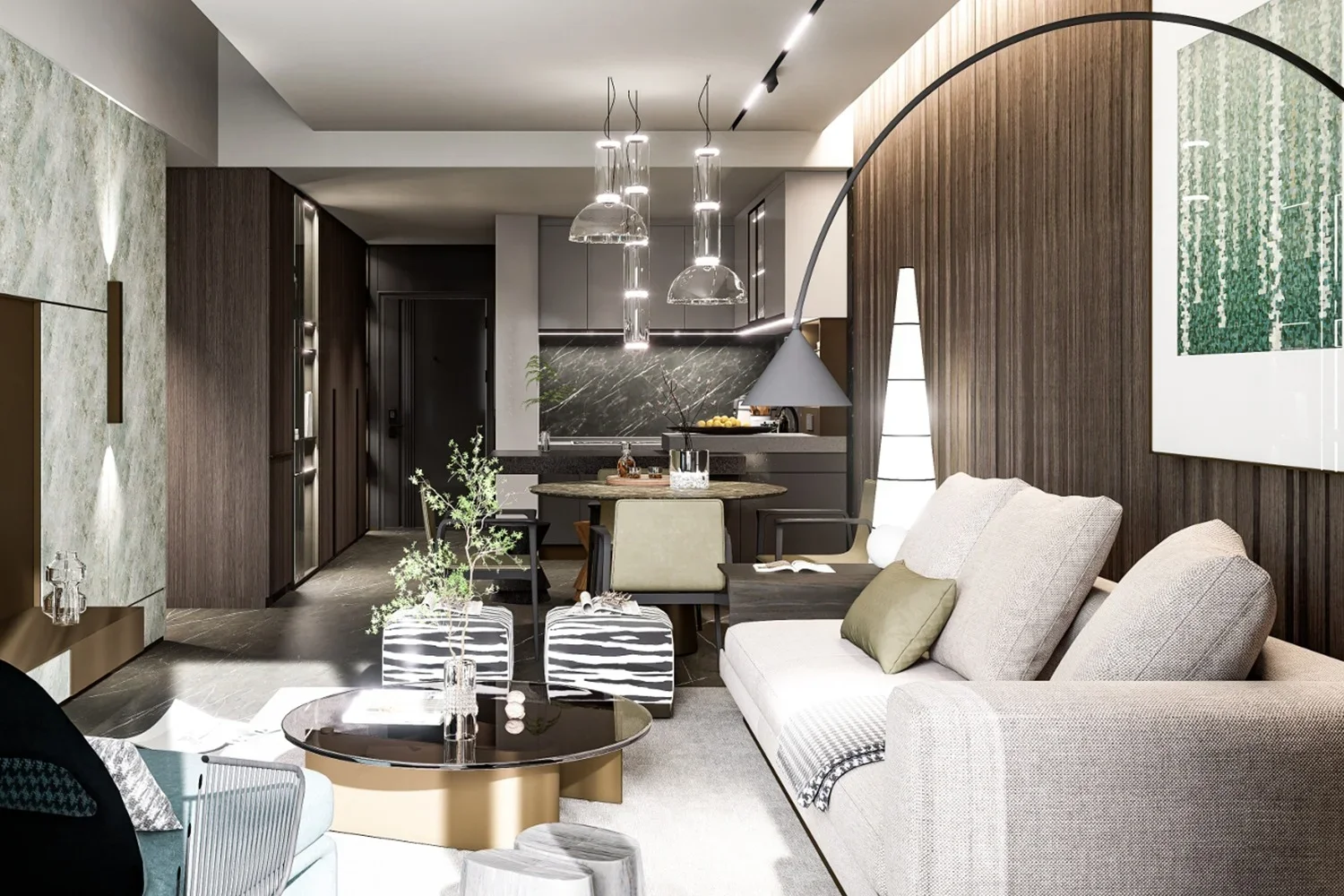 Open-plan living area rendering at Himalaya Halo, Westlands, with a sofa, dining table and kitchen.