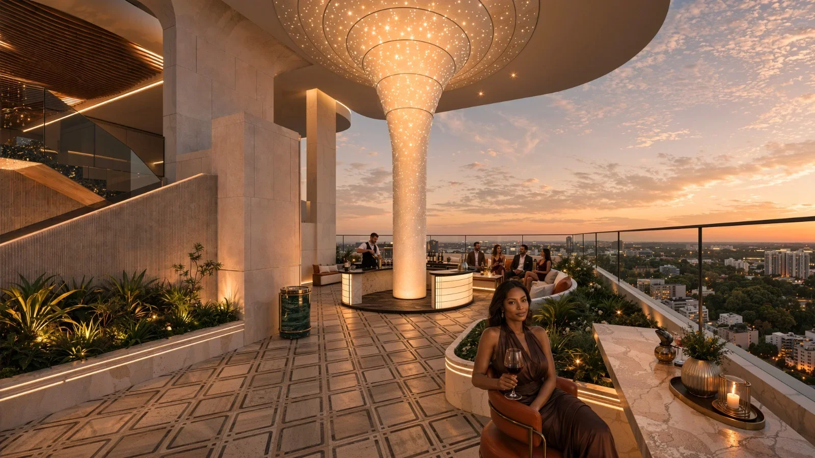 Sky lounge rendering at Himalaya Halo, Westlands, with an illuminated bar, seating and city views at sunset.