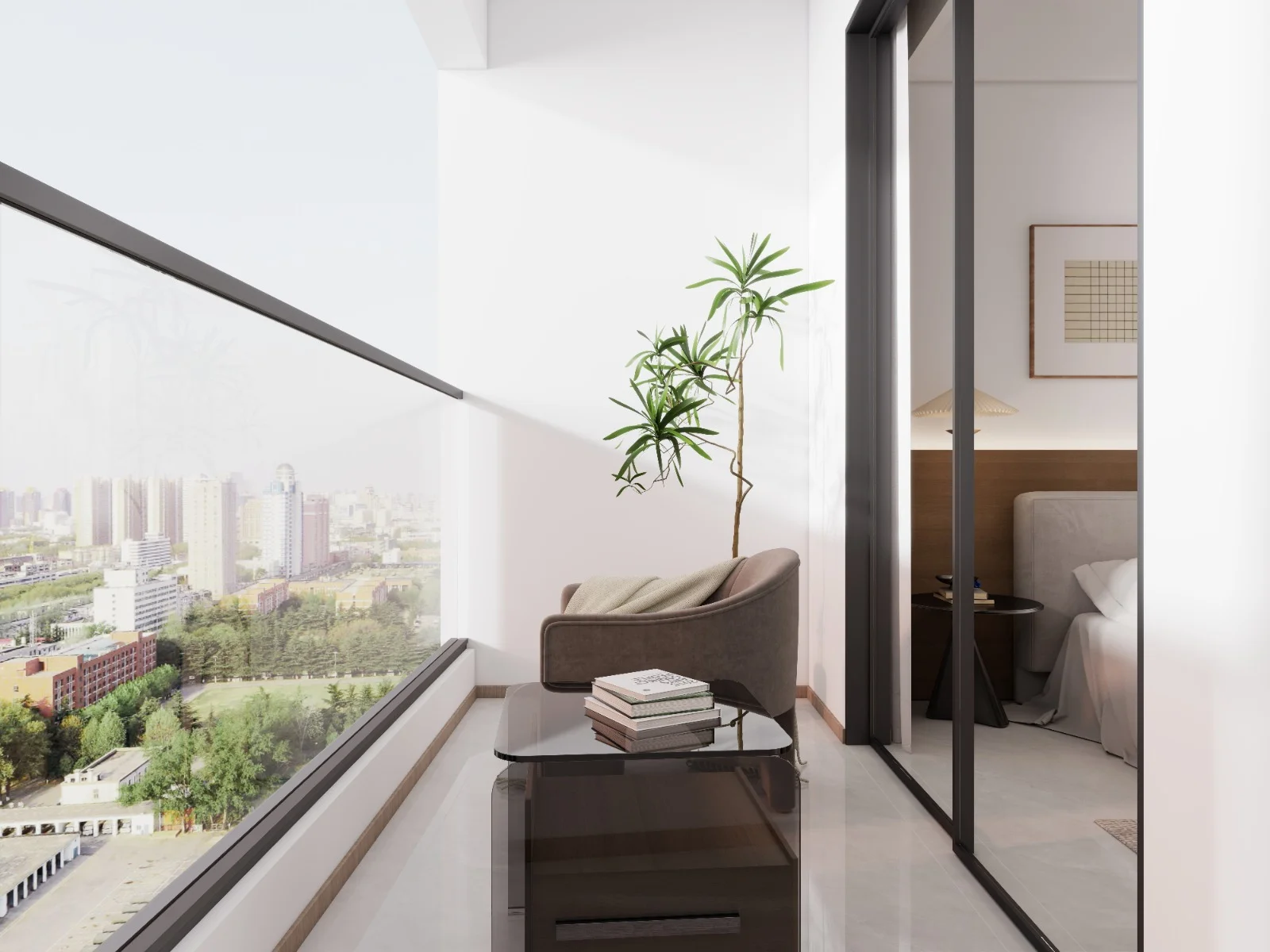 Balcony rendering at Imara Heights, Kilimani, with an armchair, coffee table, glass railing and city views.