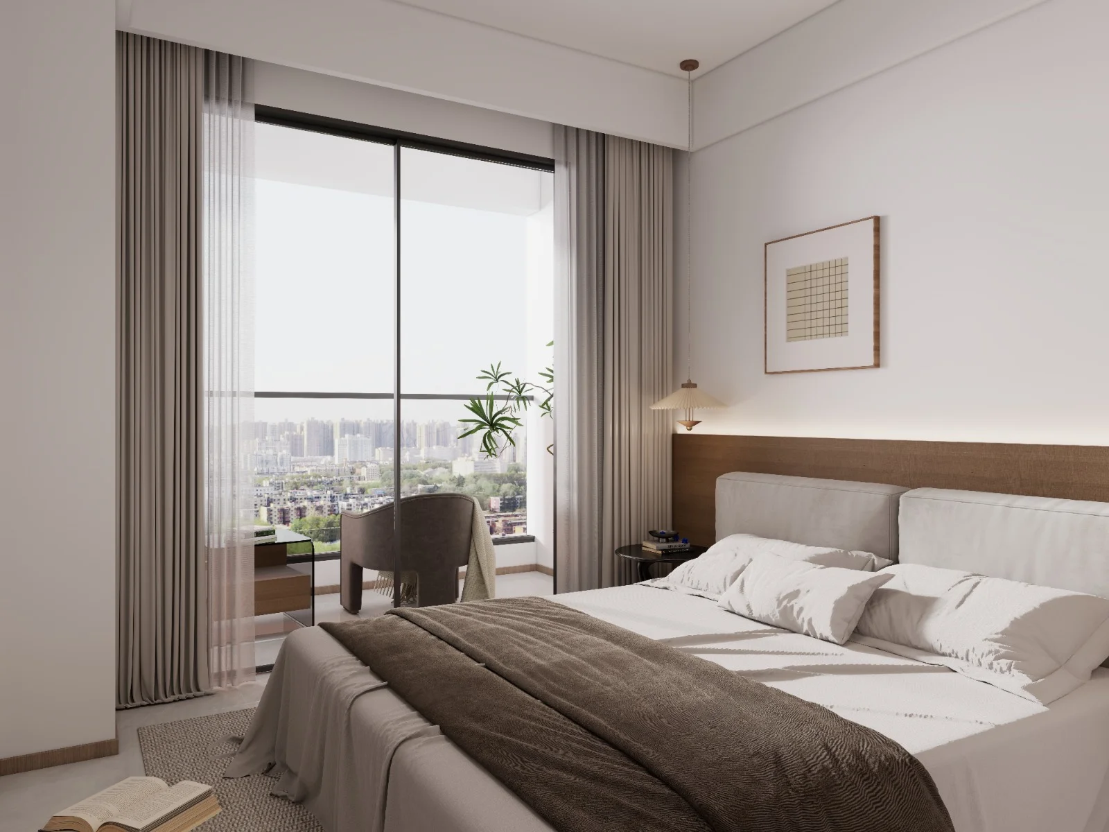 Bedroom rendering at Imara Heights, Kilimani, with a double bed, floor-to-ceiling curtains and a pendant light.