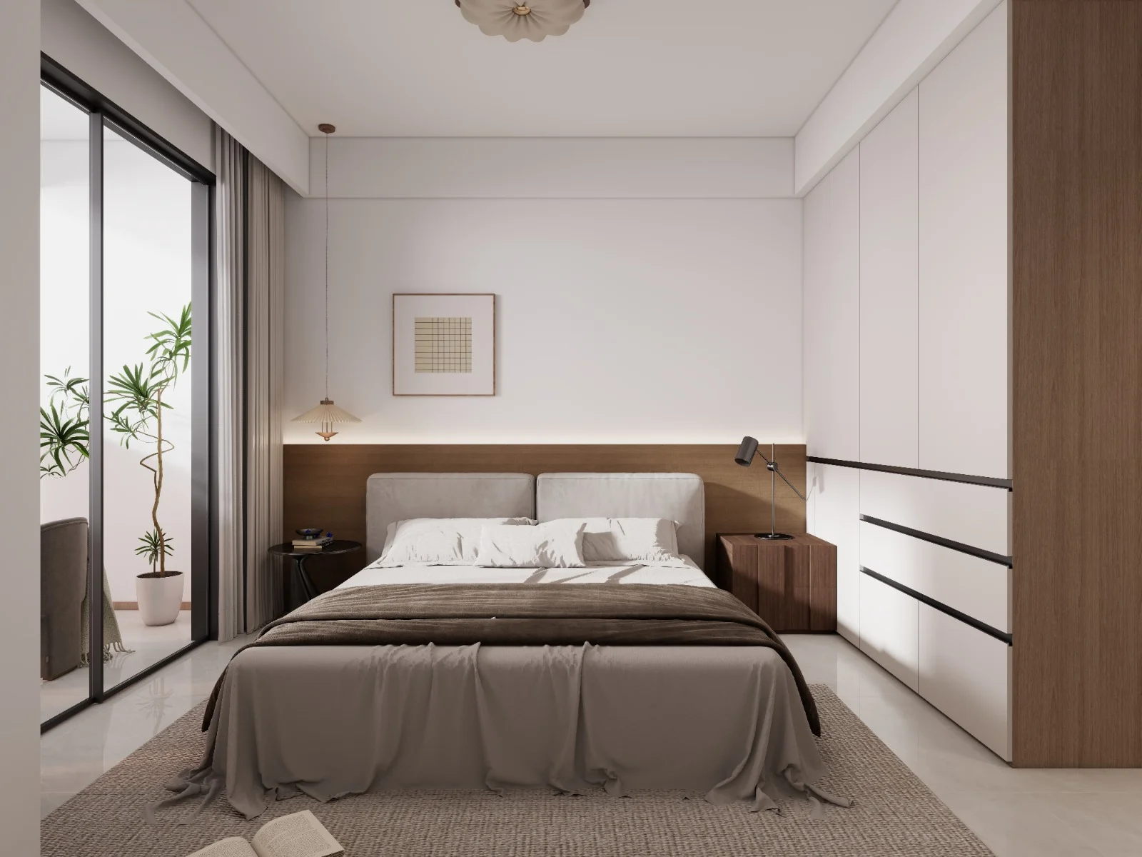 Bedroom rendering for Imara Heights, Kilimani, with an upholstered bed, white wardrobes and sliding glass doors.