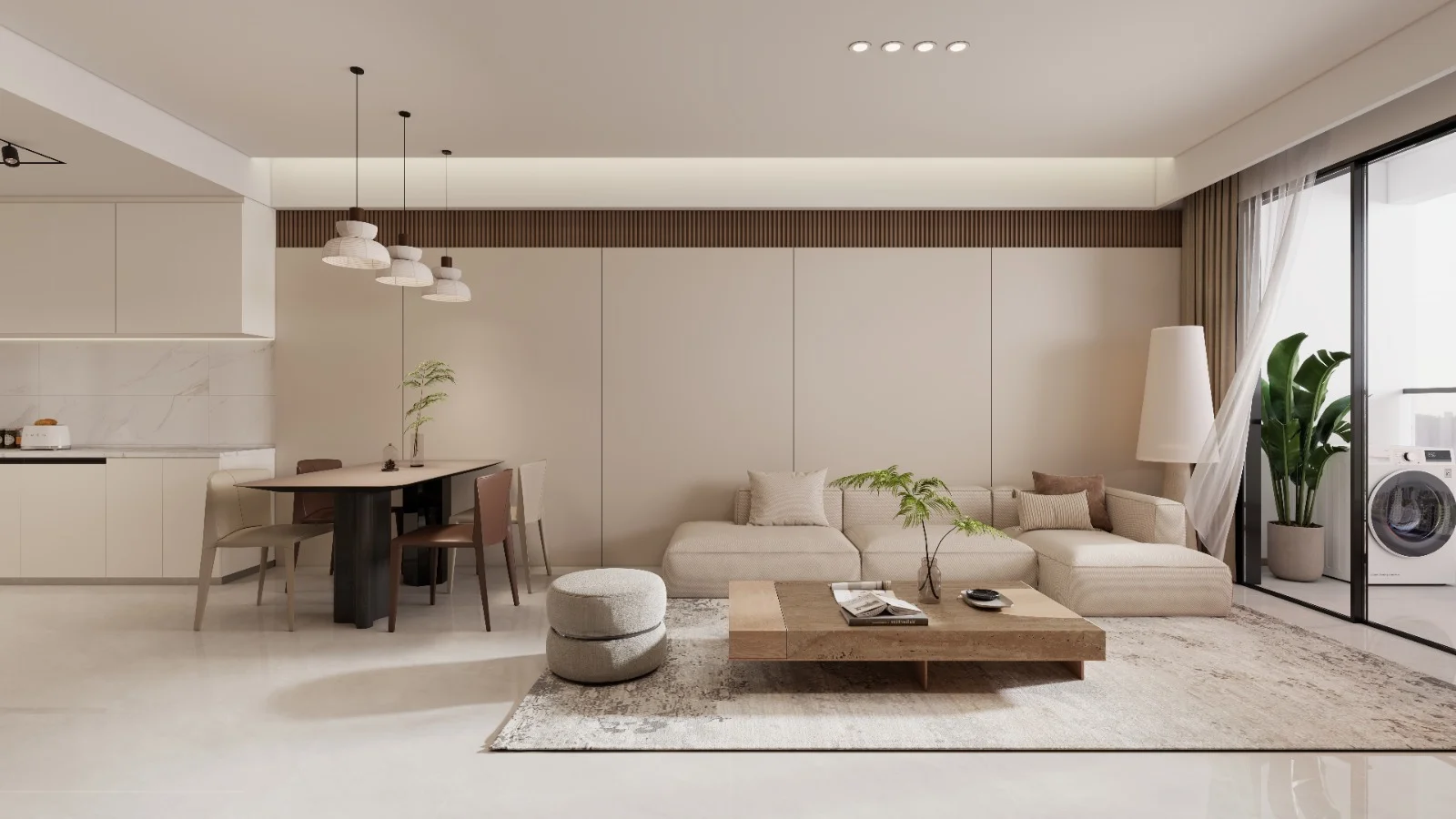 Open-plan living and dining rendering at Imara Heights, Kilimani, with cream seating and pendant lights.