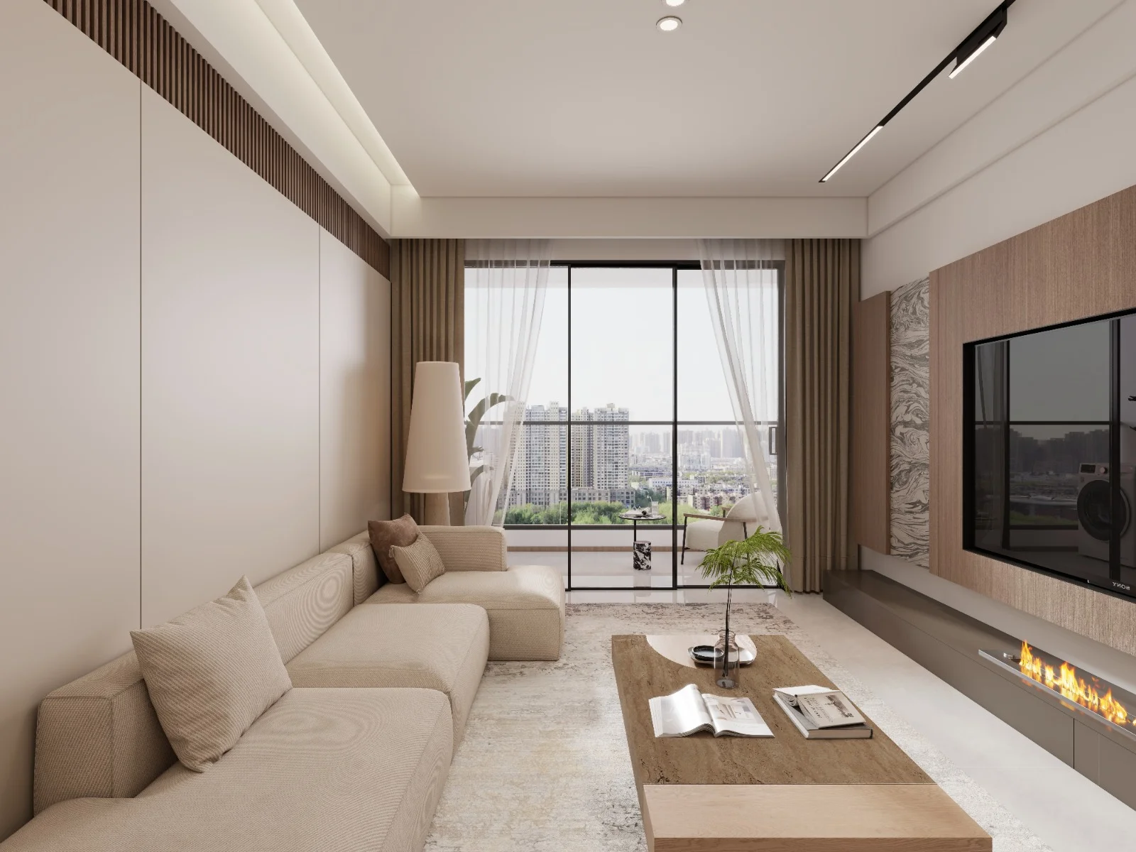 Living room rendering at Imara Heights, Kilimani, with beige sofa, coffee table and sliding glass balcony doors.