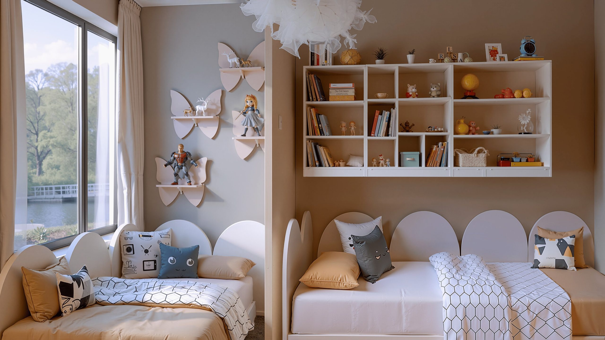 Kileleshwa apartment bedroom with two beds, patterned cushions, and wall shelves displaying books and toys.
