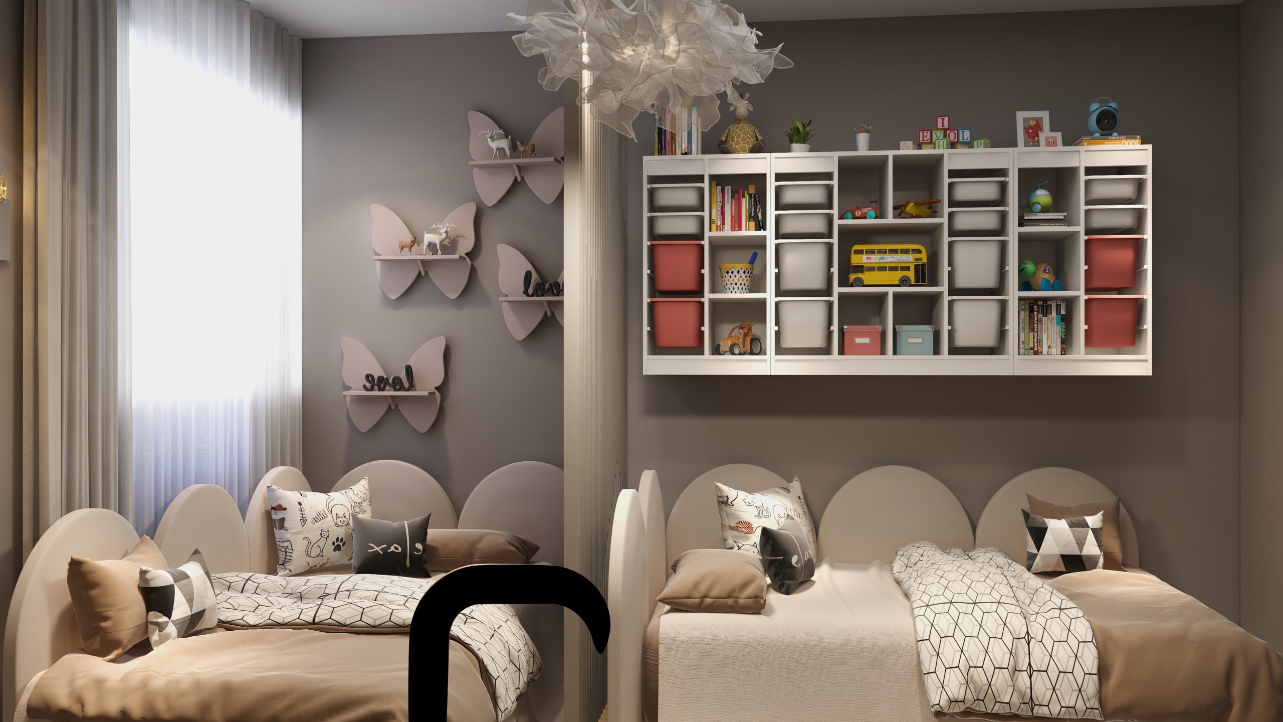 Children’s bedroom rendering for the Kileleshwa apartment, with butterfly shelves, toy storage and patterned bedding.