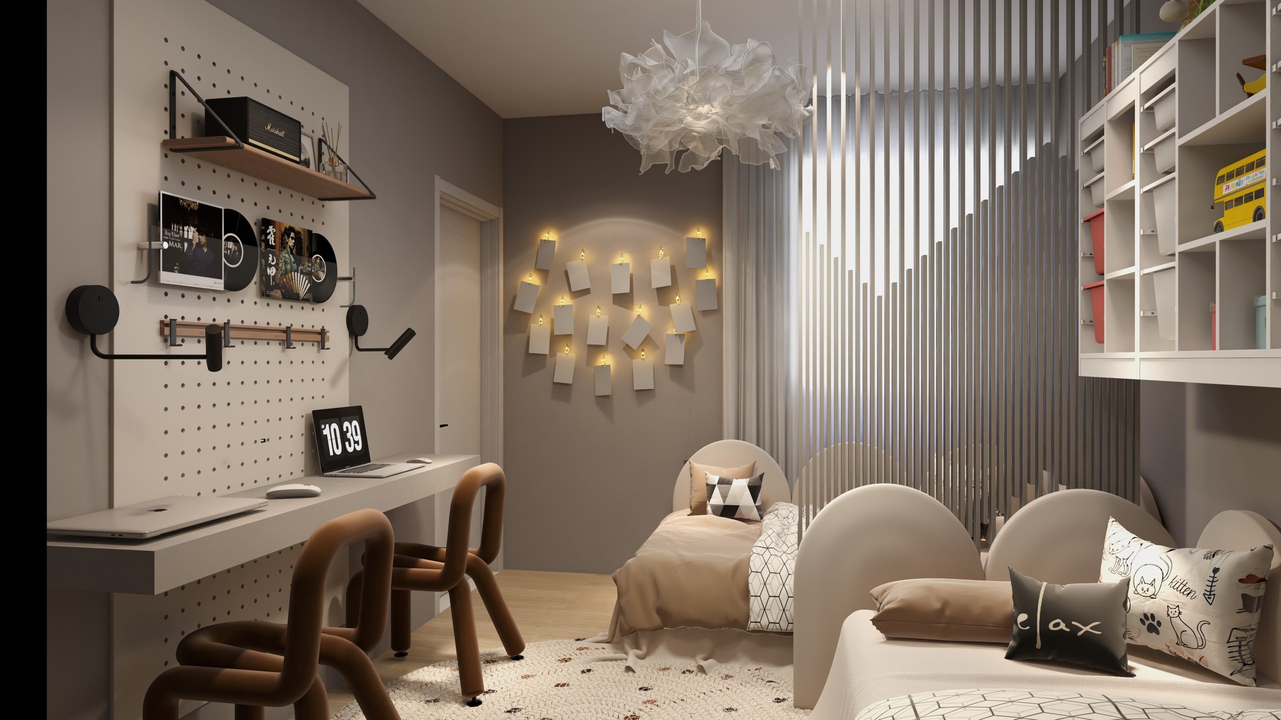 Kileleshwa apartment bedroom rendering with two beds, a shared desk, pegboard wall and shelving.