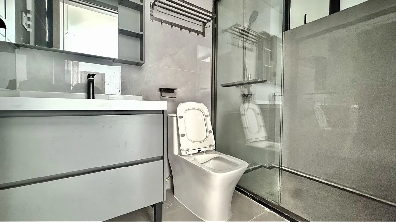 Kilimani apartment bathroom with a vanity, mirrored cabinet, toilet and glass-enclosed shower.